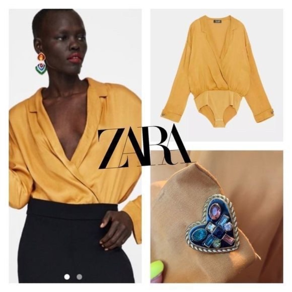 Zara Mustard Yellow Wrap Bodysuit Heart Jewel Buttons Long Sleeve S